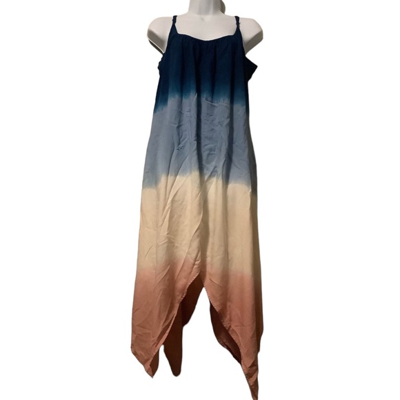 Women’s Ombré Tie Dyed Sundress asymmetric hemline Red White Blue - Picture 1 of 8